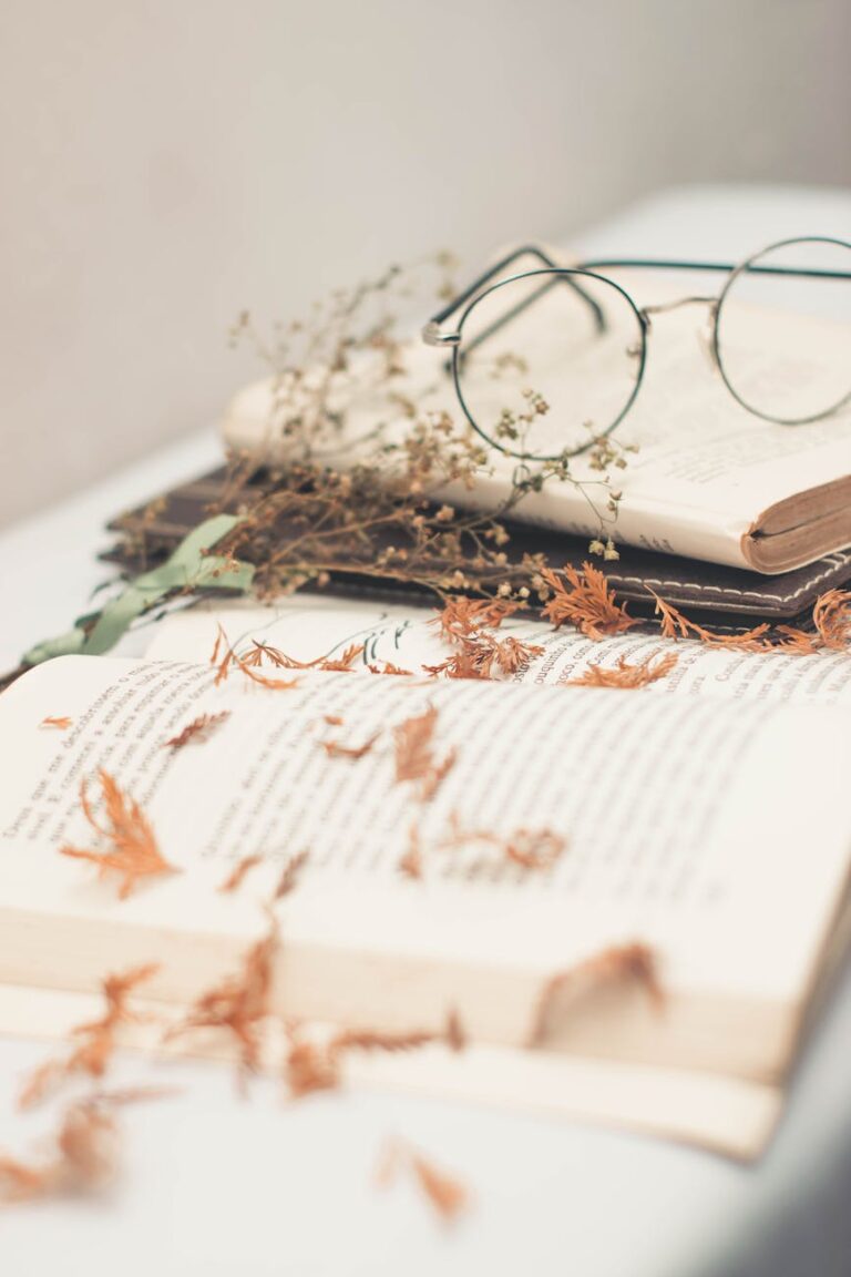 silver framed eyeglasses on top of open books
