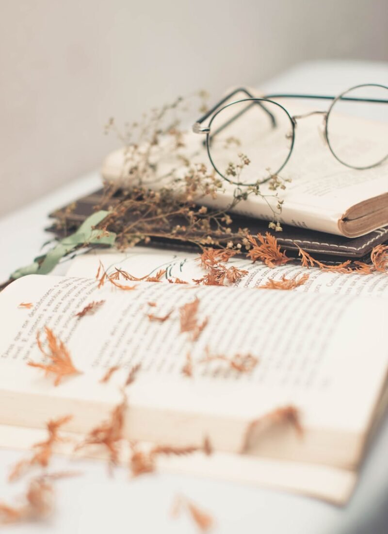 silver framed eyeglasses on top of open books